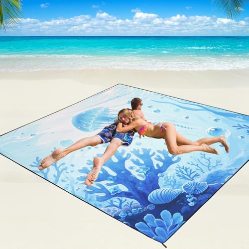 WIWIGO Beach Blanket Waterproof Sandproof Beach Mat 79" X 83"/10'x9'for 2-8 Adults Quick Drying Outdoor Picnic Mat Beach A...
