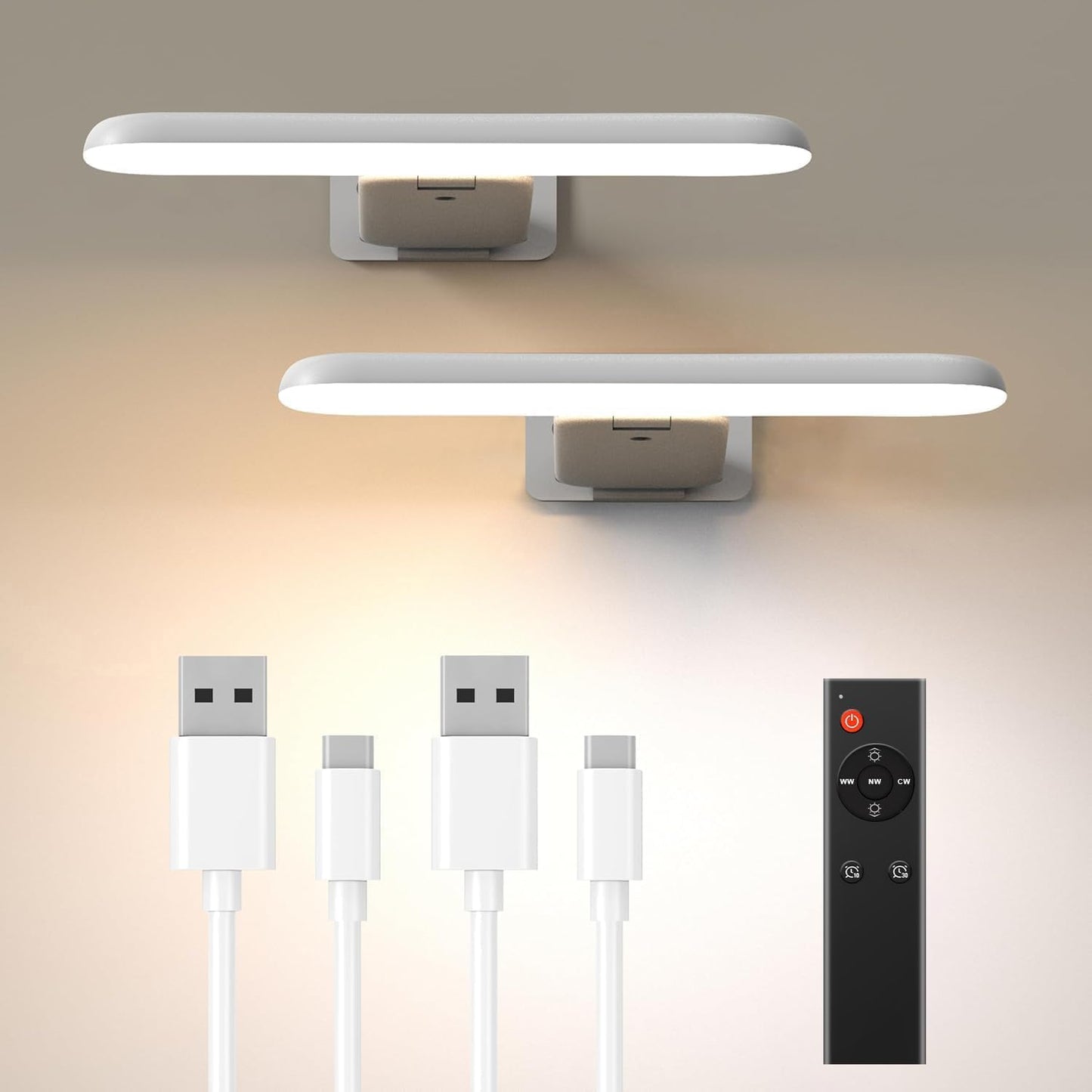 NARUNDREN 2 Pack Picture Lights for Wall, Rechargeable LED Picture Light Battery Operated with Remote, Dimmable Poster Light for Paintings, Portraits, Art Frames, Display Lighting for Wall Decor,White