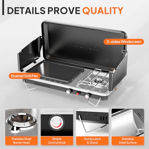 ROVSUN 2-in-1 Portable Camping Stove & Propane Grill with Enamel Griddle & Piezo Igniter, Tabletop Camp Stove with Built-i...