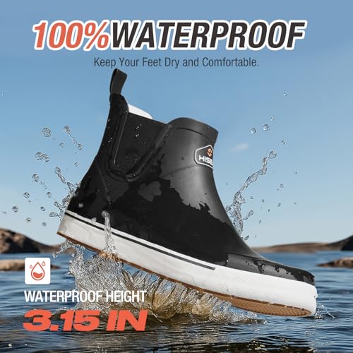 HISEA Men's Deck Boots Ankle Rain Boots Waterproof Rubber Saltwater Fishing Boot for Sailing