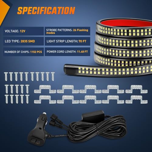 Nilight 2PCS 70 Inch Emergency Strobe Light Strip 1125 LED Running Board Lights White Flexible Side Flashing Warning Cauti...