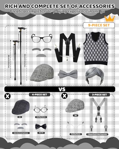 Kevsuvqin Kids Old Man Costume for Boys 9 Pcs Set, 100 Days of School Costume Boys with Adjustable Cane, Wig, Vest(Ages 3-12)