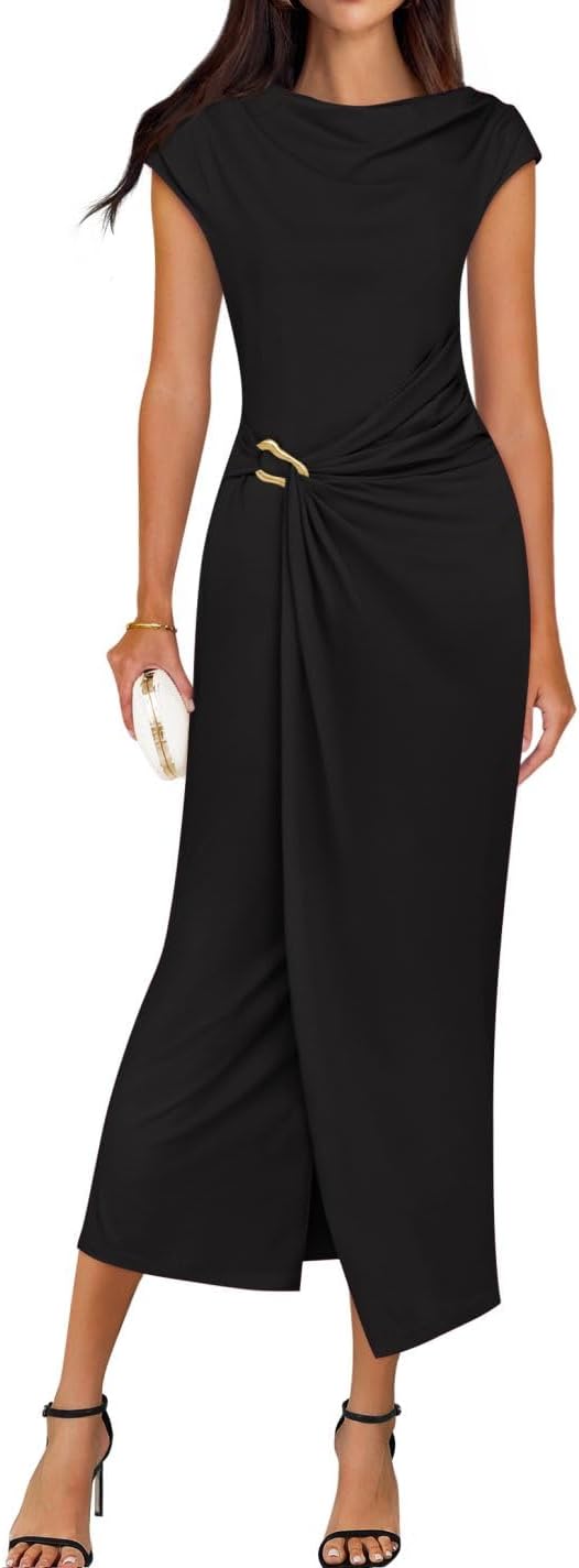 ZESICA Women's 2026 Summer Mock Neck Casual Bodycon Dress Cap Sleeve Elegant Cocktail Party Long Midi Dresses