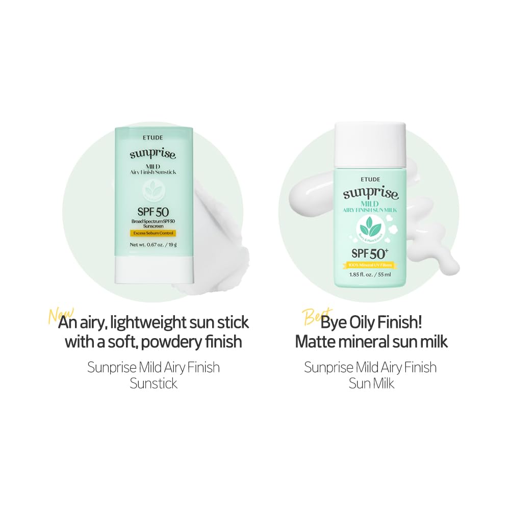 ETUDE Sunprise Mild Airy Finish Sunstick SPF50+ PA++++ Powdery sunscreen, Vegan, Non-Greasy, Sebum Control, Matte Finish, Sensit