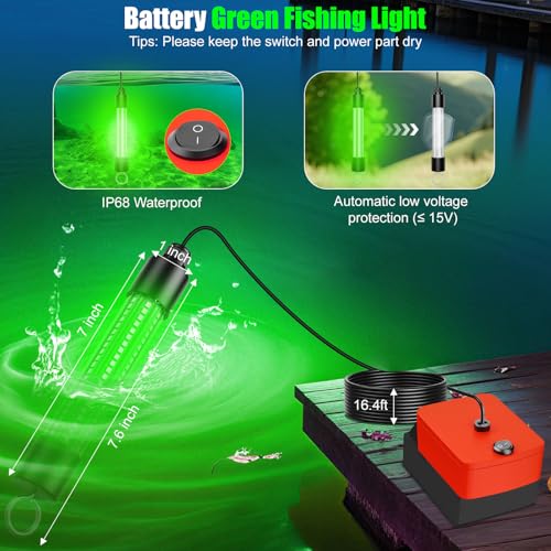 Underwater Fishing Light Compatible for Milwaukee 18V Battery, IP68 Waterproof Green Fishing Light, 1300 Lumens Fish Attra...