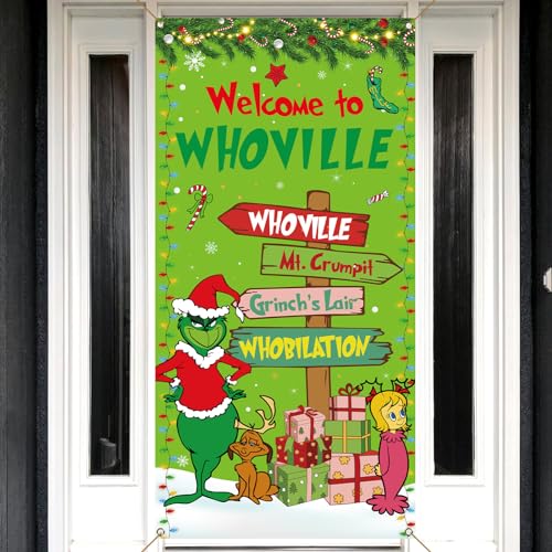 Sunwer Welcome Xmas Door Cover Green Elf Christmas Winter Holiday Party Decoration Front Porch Sign Backdrop Banner for Ho...