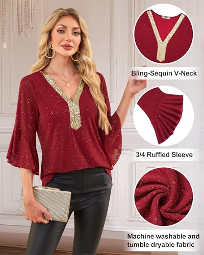 Timeson Women's Ruffle 3/4 Sleeve Sparkly Tops Sequin V Neck Blouses Dressy Fall Shirts