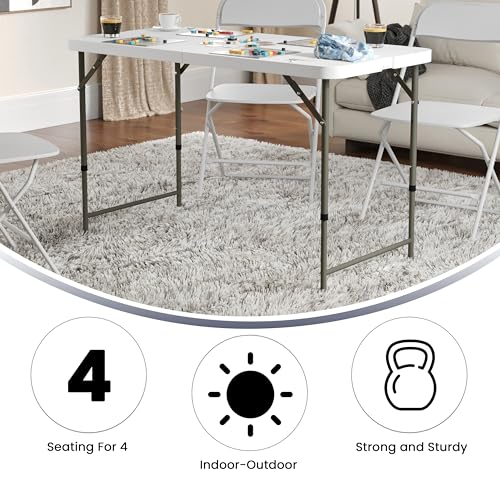 Flash Furniture 4' Rectangular Plastic Folding Event Table with Adjustable Legs and Carrying Handle, Bi-Fold Portable Banq...