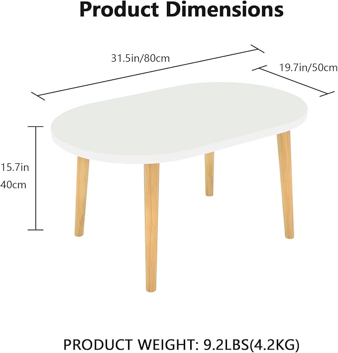 Funecy Coffee Table Low Table with Solid Wood Sturdy Legs, Floor Table Desk for Sitting on The Floor, Storage and Living Room Furniture (White-Oval)