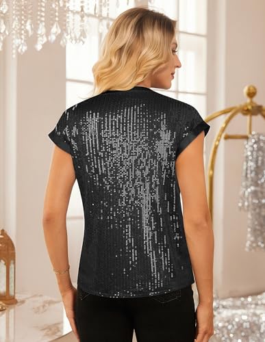 GRACE KARIN Women's Sequin Sparkly Tops Cap Sleeve Dressy Blouses Glitter Party Tops V Neck Disco Shirts Club Concert Outfits