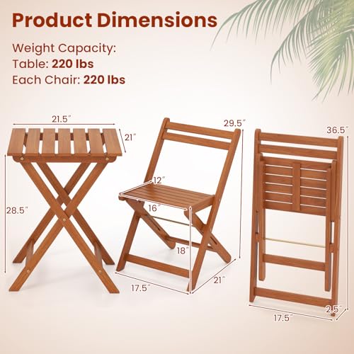 Tangkula 3 Pieces Solid Wood Patio Bistro Set with 2 Folding Chairs, Outdoor Table and Chairs Set, Balcony Furniture Set, ...