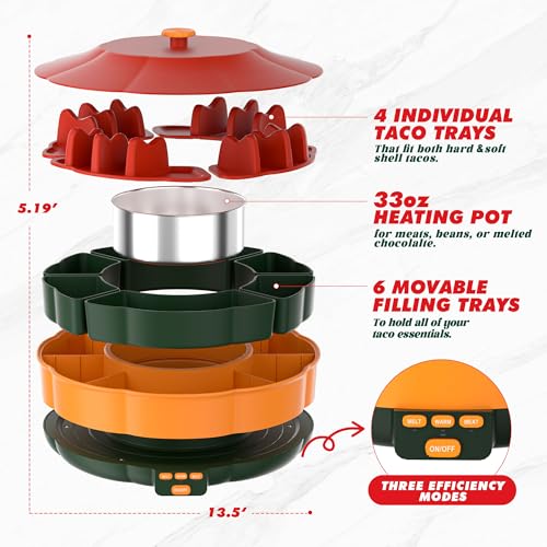 Taco Tuesday Kit - Taco Bar Serving Set for a Party with 33oz Heated Pot, 4 Taco Holders, Detachable Lazy Susan Tray, Perf...