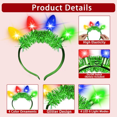 TURNMEON 2 Pack Light up Christmas Headbands, 3D Colored Bulb, 6 Lighting Modes, Xmas Light Necklace New Year Eve Party Fa...