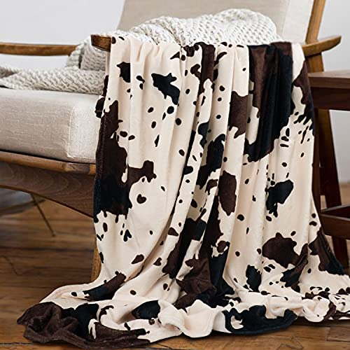 Yiyhuxf Cow Print Blanket Animal Brown Black Milky White Faux Fur Throw Blankets Western Cute Flannel Fleece Decorative Be...
