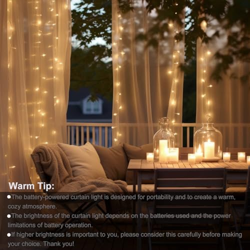 echosari 300 LED Curtain Lights Battery Operated, 9.8ft×9.8ft Hanging Light with Remote Timer Fairy Curtain Lights for Bed...