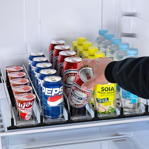 Soda Can Dispenser, Self-Pushing Drink Organizer, Width Adjustable Fridge Organization, Beer Pop Can Water Bottle Dispense...