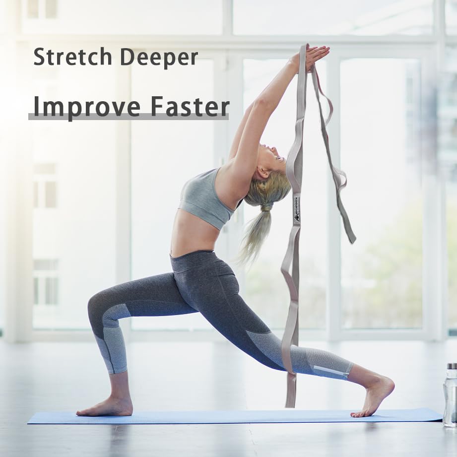 Stretching Strap Yoga Strap with Loops, Stretch Straps for Physical Therapy, Non-Elastic Exercise Strap for Pilates, Dance and Gymnastics with Workout Guide (Silver Gray)