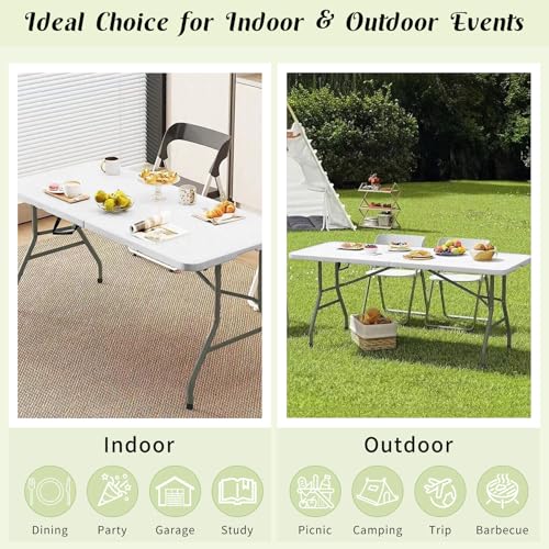 Fivenl 2 Pack 6 FT Folding Tables White Foldable Table, Fold-in-Half with Carrying Handle Portable Plastic Rectangular Tab...