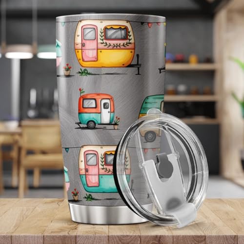 CUBICER Colorful Retro Camper Trailer Pattern Tumbler For Camping Lovers And Outdoor Travelers Stainless Steel 20 Oz Trave...