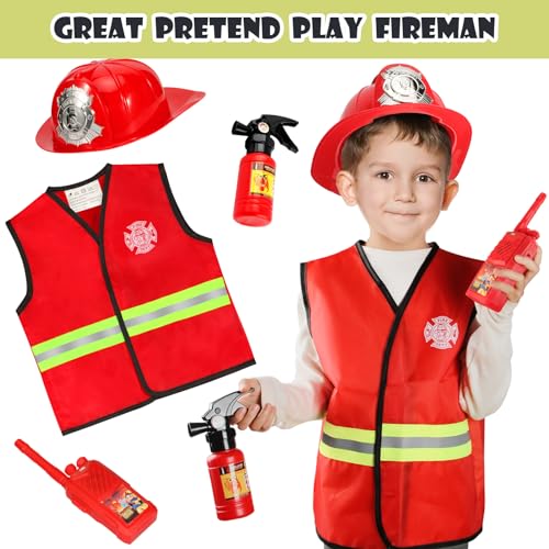 Cocojeci Boys Dress up Trunk Costumes Set,15pcs Pretend Role Play Set Fireman, Police, Construction Worker Costume with Ac...