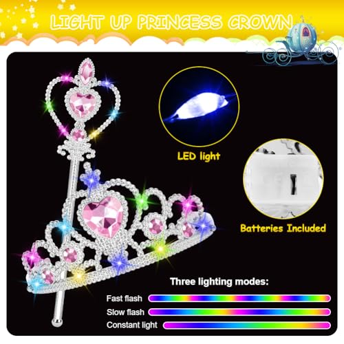 Vicloon 2PCS Light Up Princess Crown and Wands, Princess Dress Up Accessories for Little Girls Christmas Birthday Cosplay