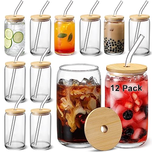 [ 12pcs Set ] Glass Cups with Bamboo Lids and Glass Straw - Beer Shaped Drinking Glasses, 16 oz Iced Coffee Glasses, Cute ...