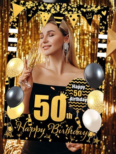 LaVenty Black Gold Glitter 50th Birthday Party Photo Booth Props 50th Birthday Photo Frame Birthday Photo Frame Birthday P...