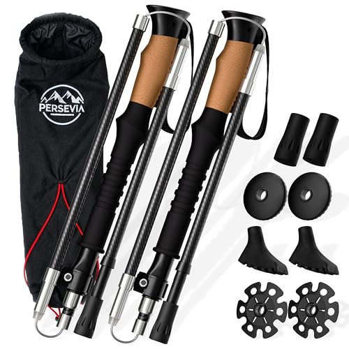 Carbon Fiber Trekking Poles - Ultralight Collapsible Hiking Poles with Cork Grip, Flip Locks, Adjustable Length, All-Terra...