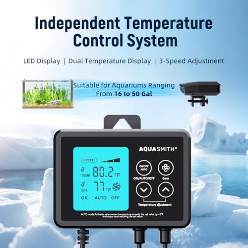 AQUASMITH Aquarium Chiller Fan,Fish Tank Cooler with Temperature Control,Minimum Setting 59℉,Auto Start/Stop,Refrigeration...