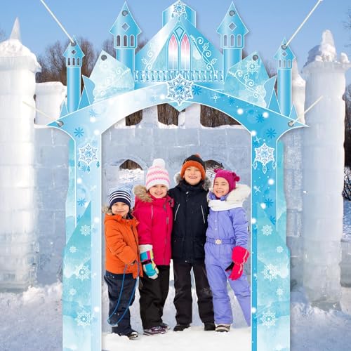 Polyester Fabric 104×70inch Winter Snow Castle Party Door Banner Wonderland Door Decoration Ice Snow Themed Backdrop for G...