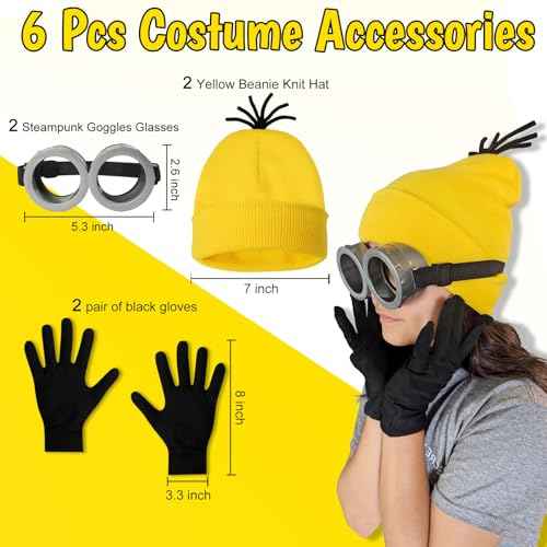 6 Pcs Halloween Costume Accessories for Adult,Yellow Beanie/Goggles Glasses/Gloves for Men Women Cosplay Party Set