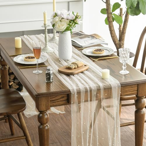 Artoid Mode Pearl Beige Gauze Table Runner 120 Inch 10FT, Seasonal Sheer Dining Holiday Wedding Birthday Baby Shower Table...