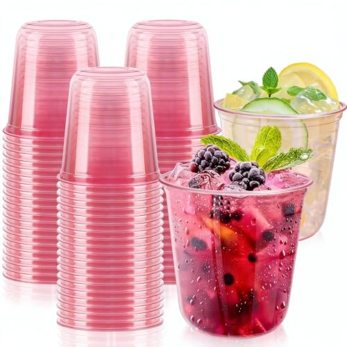 GGOLDMER 50 PCS Pink Plastic Cups - 12oz Disposable Stemless Wine Glasses, Clear Pink Cocktail Party Cups for Valentine's ...