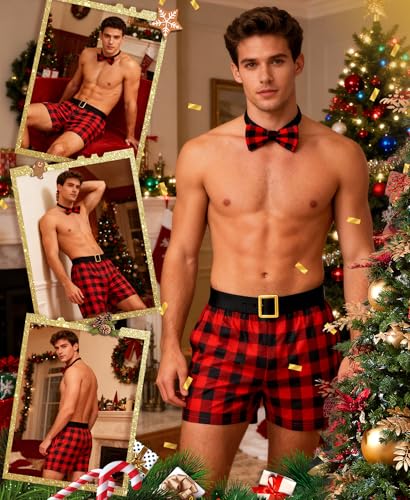 RSLOVE Santa Boxers for Men - 2PCS Christmas Shorts Plaid Outfits Holiday Briefs with Bow Tie