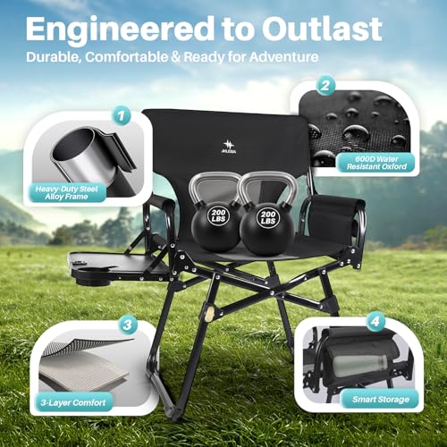 JKLESA Heavy-Duty Camping Director’s Chair with Side Table, 400lb Capacity, 600D Oxford, Quick Setup, Smart Storage & Ergo...