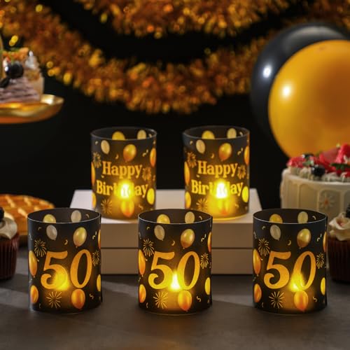 Kittmip 10 Sets 50th Happy Birthday Centerpieces for Table Black and Gold Birthday Decorations Lantern Boxes with Tea Ligh...