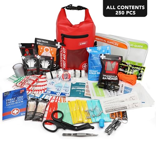 250 PCS Waterproof First Aid Kit, Roll Top Reflective Boat Dry Bag Bug Out Bags, Emergency Medical Kit Ideal for Boating, ...