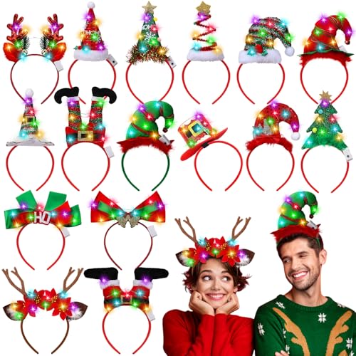 Zeyune 16 Pcs Christmas LED Headbands Xmas Tree Costume Headwear Reindeer Elf Hats Headband Light up for Party
