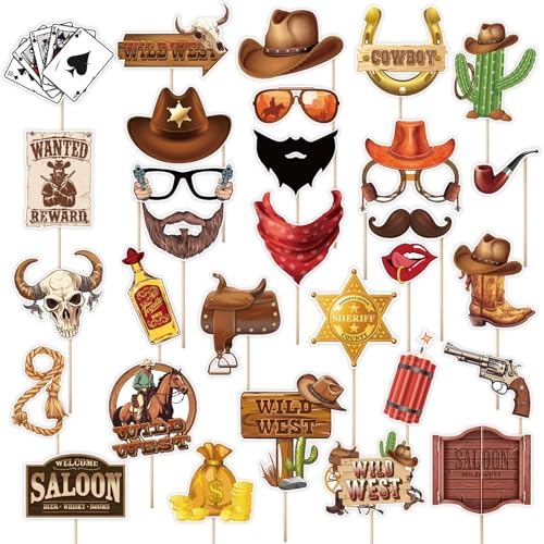 30 Pieces Western Cowboy Cowgirl Photo Booth Props Wild West Themed Party Decoration Rodeo Party Decorations with Wanted S...