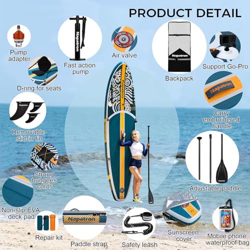 Napatron Inflatable Paddle Board, 10'6" Ultra Lightweight SUP with Adjustable Paddle, Anti-Slip Deck,Coiled Leash & Carry ...