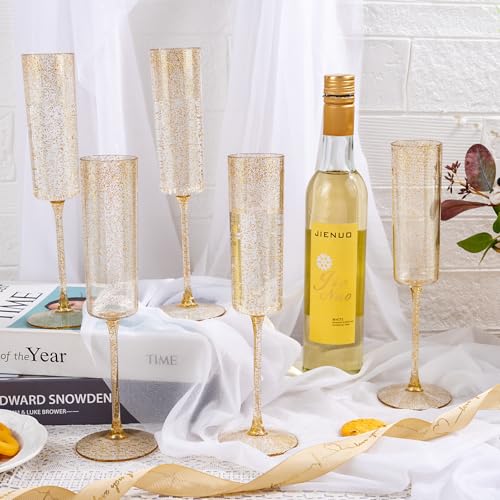 YOUBET 24 Pack Plastic Champagne Flutes - 6 Oz Gold Glitter Disposable Champagne Glasses - Square Plastic Wine Cups Weddin...