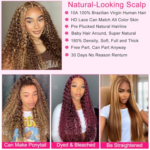Ombre Lace Front Wig Human Hair Highlight Deep Wave 5x5 Hd Lace Closure Wigs Human Hair 4/27 Colored Glueless Honey Blonde Wig Human Hair Wig Pre Plucked Wet Wavy Curly Wig 180 Density 24 Inch