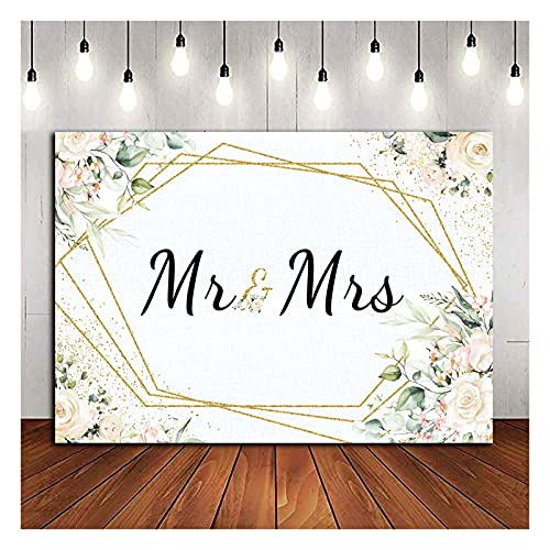 Mr & Mrs White Floral Bridal Shower Backdrop Mr Mrs Wedding Theme Photo Backgrounds 7x5ft Wedding Bride to Be Engagement P...