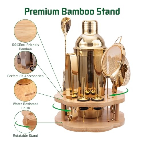 JWJIUEJIU Cocktail Shaker Set Bartender Kit with Rotatble Bamboo Stand,11 Piece Bar Set Stainless Steel Bar Accessories fo...