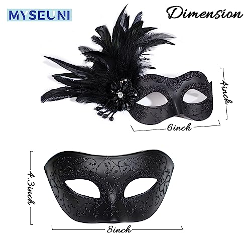 MYSEUNI Black Couples Masquerade Mask Set - Women's Masquerade Masks with Feathers & Venetian Mask for Men, Mardi Gras, Ha...