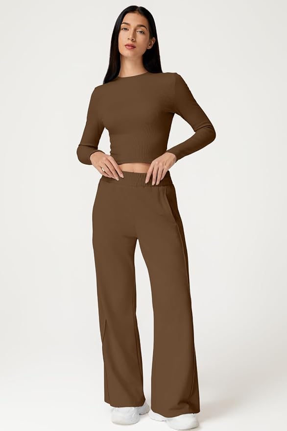 QINSEN Womens 2 Piece Sets Long Sleeve Slim Fit Crop Tops Wide Leg Pants Matching Lounge Set