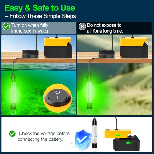 LED Underwater Fishing Light Compatible with for DeWalt 20V Battery（Battery Not Included）, 1300 Lumens, IP68 Waterproof Su...