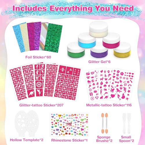 Dreamon Temporary Glitter Tattoo Kit for Kids with 6 Colors No-mess Glitter Gel, 325 Unique Stencils - Adult & Kids Body A...