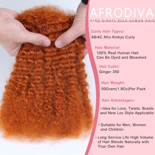Afro Kinkys Bulk Human Hair for Dreadlocks Kinky Curly for Loc Extensions 100% Real Human Hair Afro Kinky-Curly Human Braiding Bulk Hair for Twist & Repair Locs 4 Packs 200 Gram 12 Inch Ginger
