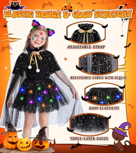 Teuevayl Black Cat Costume and Cape for Girls, 7 Pcs LED Light Up Kids Cat Halloween Costume for Girl Ages 3 4 5 6 7 8